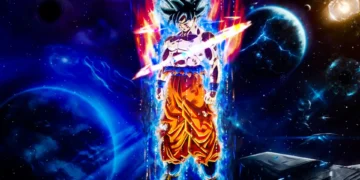 Goku in Ultra Instinct form surrounded by glowing blue and red energy, standing in deep space with planets, galaxies, and cosmic light behind him in a dramatic anime art style live wallpaper.