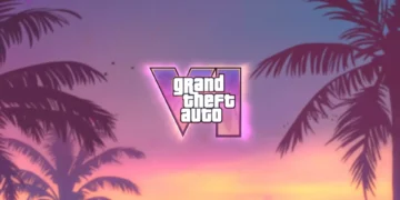 GTA VI neon logo glowing over a pastel Miami sunset with palm tree silhouettes in retro 80s style live wallpaper