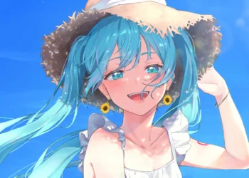 Hatsune Miku smiling under a sunhat with turquoise hair flowing in the breeze against a bright blue sky in a cheerful summer anime scene live wallpaper.