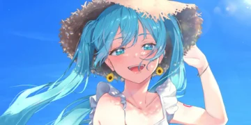 Hatsune Miku smiling under a sunhat with turquoise hair flowing in the breeze against a bright blue sky in a cheerful summer anime scene live wallpaper.