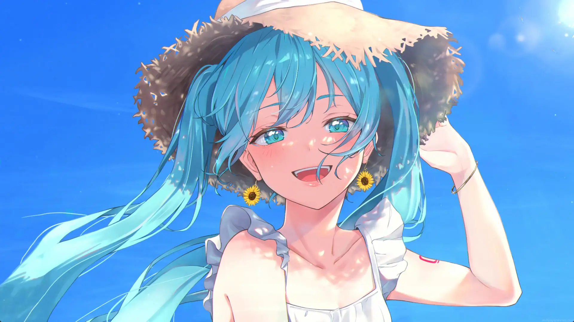 Hatsune Miku smiling under a sunhat with turquoise hair flowing in the breeze against a bright blue sky in a cheerful summer anime scene live wallpaper.