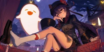 Hu Tao sitting under a moonlit sky with her glowing ghost companion, surrounded by candles, fireflies, and warm nighttime ambiance in a Genshin Impact live wallpaper