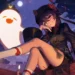 Hu Tao Cute Ghost Friend Genshin Impact Live Wallpaper 10 Hu Tao sitting under a moonlit sky with her glowing ghost companion, surrounded by candles, fireflies, and warm nighttime ambiance in a Genshin Impact live wallpaper