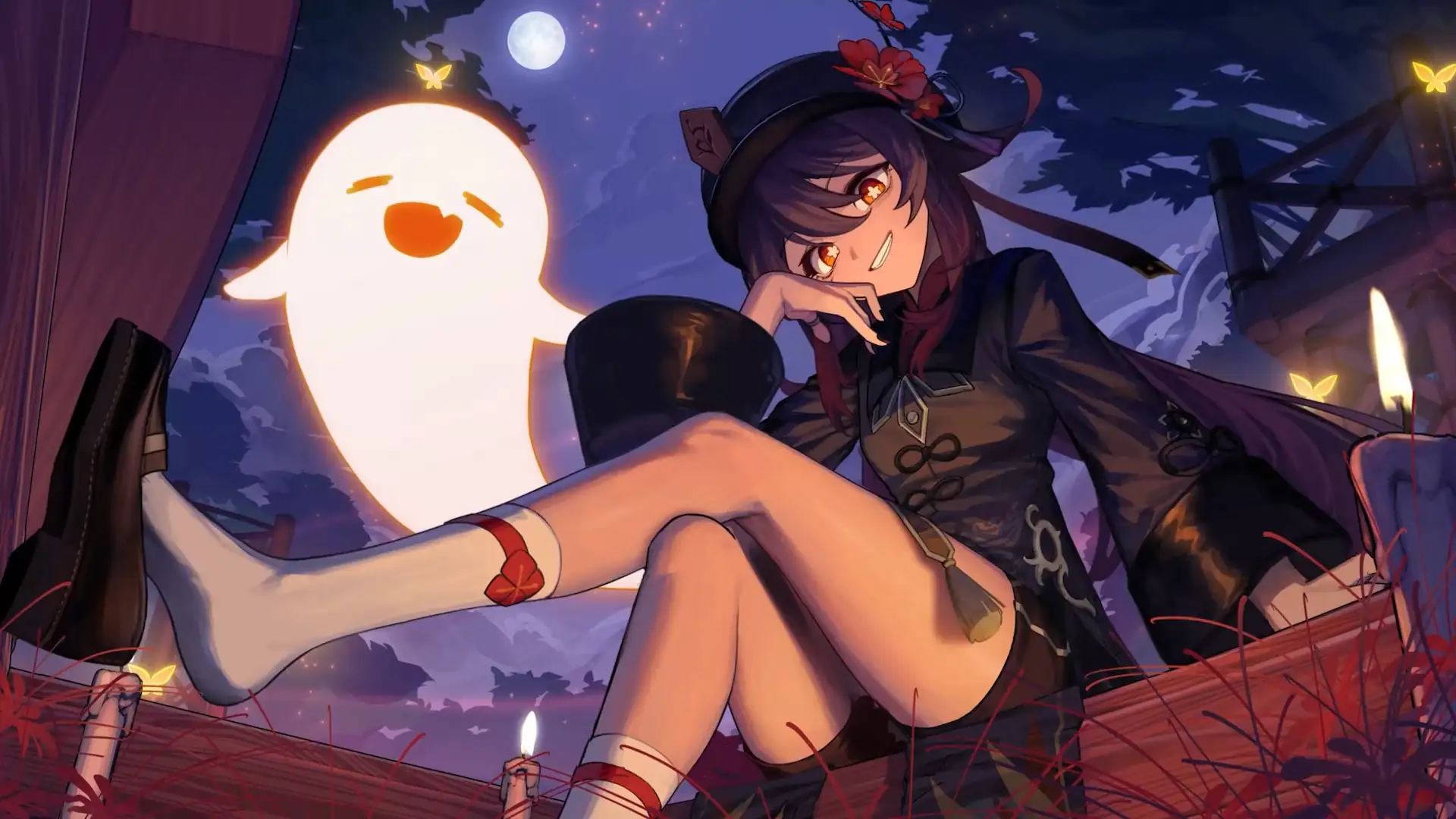 Hu Tao sitting under a moonlit sky with her glowing ghost companion, surrounded by candles, fireflies, and warm nighttime ambiance in a Genshin Impact live wallpaper