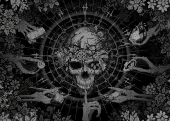 Hunt Showdown Dark Ritual Skull Live Wallpaper 1 Monochrome fantasy artwork featuring a central skull surrounded by floral patterns and skeletal hands holding symbolic objects in a detailed dark atmospheric design live wallpaper.