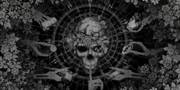 Monochrome fantasy artwork featuring a central skull surrounded by floral patterns and skeletal hands holding symbolic objects in a detailed dark atmospheric design live wallpaper.