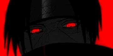 Itachi Uchiha Sharingan Awakening Live Wallpaper 13 Itachi Uchiha close-up with glowing red Mangekyō Sharingan eyes surrounded by shadows and red light live wallpaper