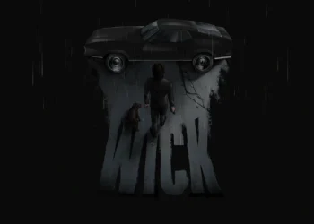 Silhouette of John Wick walking with his dog toward a black Mustang on a rainy night with his name on the pavement in a dark cinematic live wallpaper.