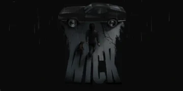 Silhouette of John Wick walking with his dog toward a black Mustang on a rainy night with his name on the pavement in a dark cinematic live wallpaper.