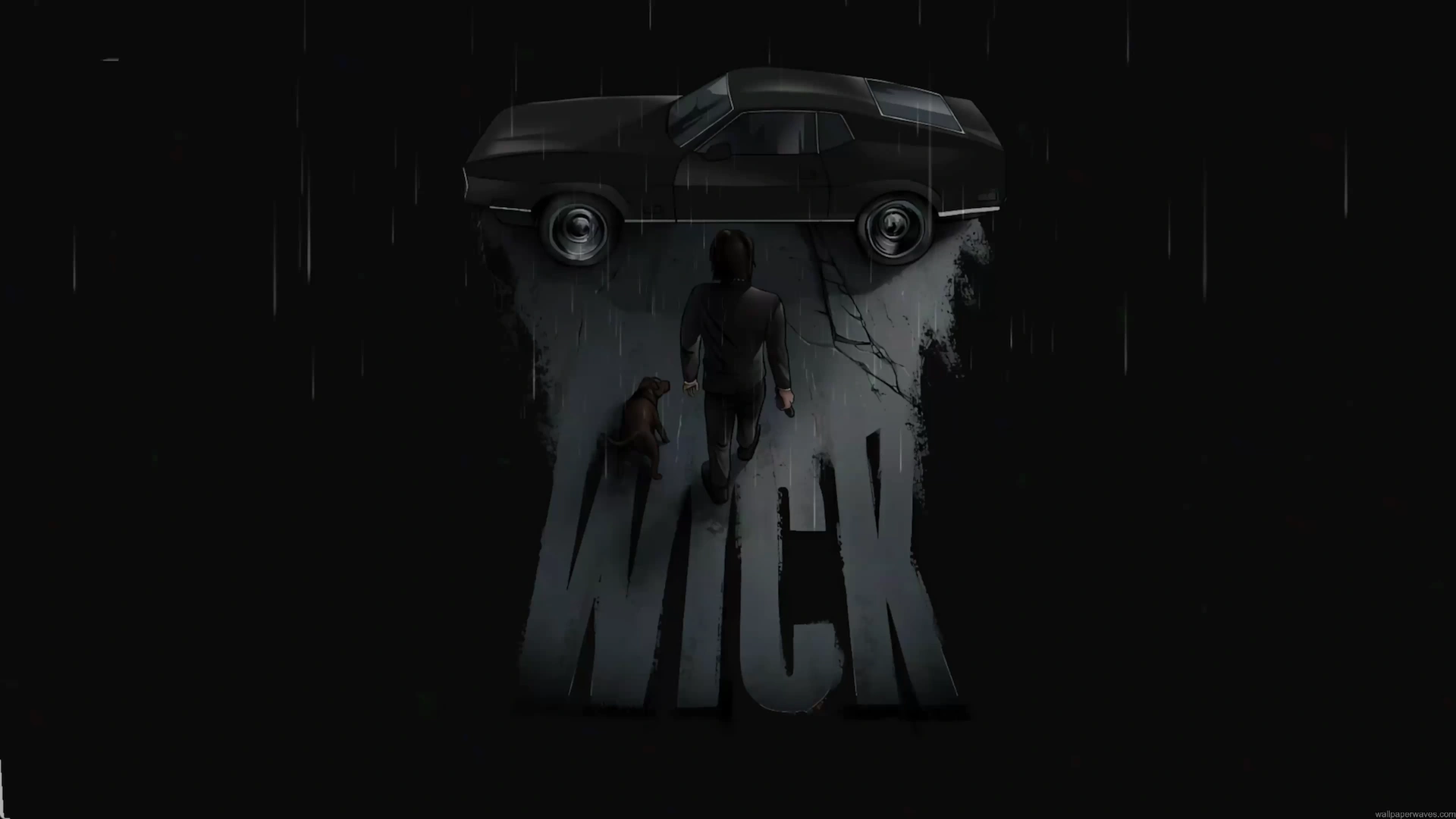 Silhouette of John Wick walking with his dog toward a black Mustang on a rainy night with his name on the pavement in a dark cinematic live wallpaper.