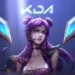 KDA Kai’Sa standing under a spotlight with glowing crystals and vibrant purple hair in a stylish popstar-themed live wallpaper.