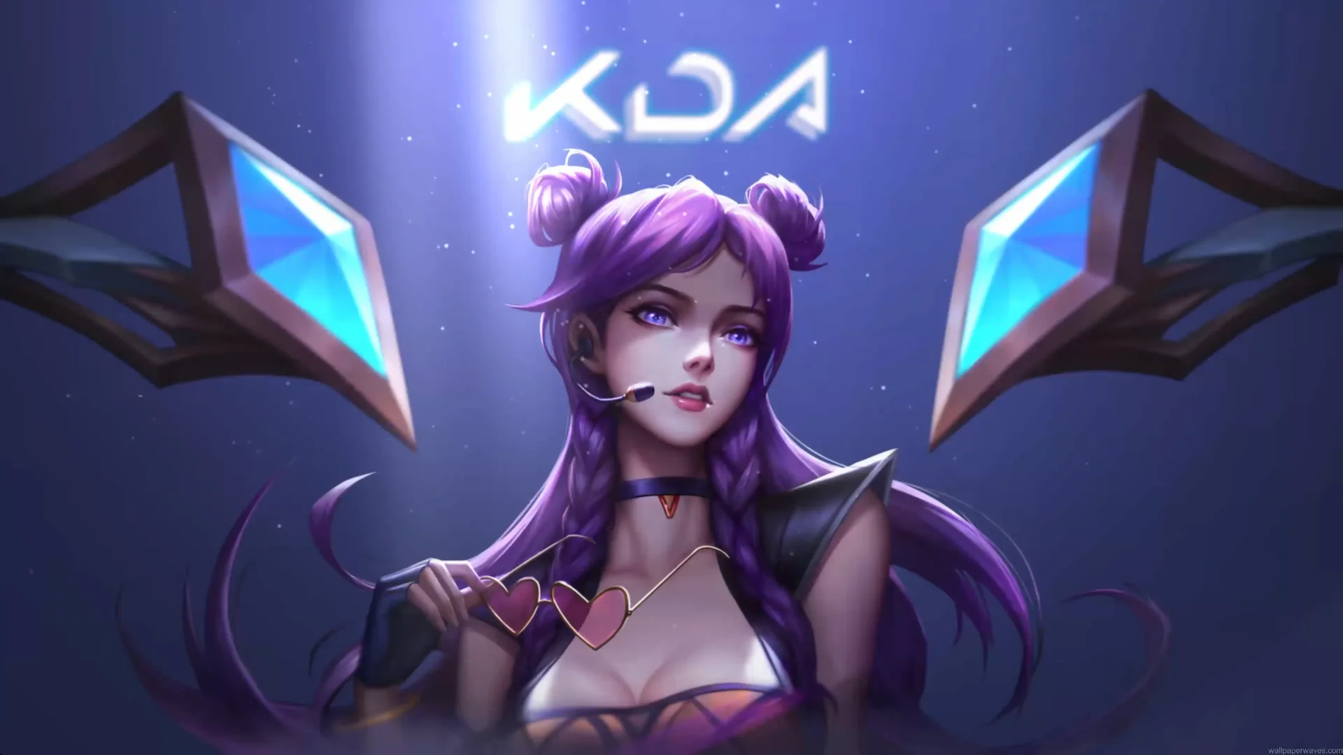 KDA Kai’Sa standing under a spotlight with glowing crystals and vibrant purple hair in a stylish popstar-themed live wallpaper.