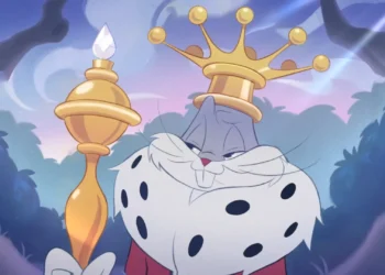Cartoon image of Bugs Bunny wearing a royal crown and white fur cape while holding a golden scepter in a dreamy pastel forest setting live wallpaper.