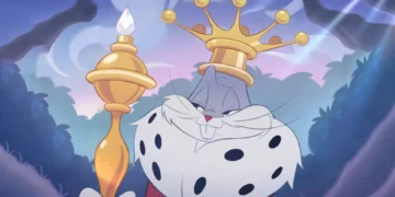 Cartoon image of Bugs Bunny wearing a royal crown and white fur cape while holding a golden scepter in a dreamy pastel forest setting live wallpaper.