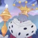 Cartoon image of Bugs Bunny wearing a royal crown and white fur cape while holding a golden scepter in a dreamy pastel forest setting live wallpaper.