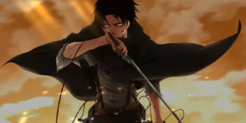 Levi Ackerman standing with drawn blades in an orange battlefield sky with sparks and wind effects, captured in a dramatic titan-slayer pose live wallpaper