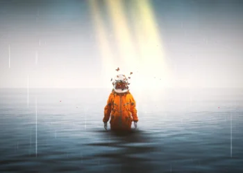 Astronaut standing waist-deep in a calm ocean under soft rainfall, glowing light beams, and butterflies around the helmet in a surreal dreamlike sci-fi live wallpaper