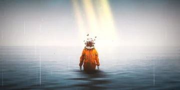 Astronaut standing waist-deep in a calm ocean under soft rainfall, glowing light beams, and butterflies around the helmet in a surreal dreamlike sci-fi live wallpaper
