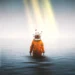Astronaut standing waist-deep in a calm ocean under soft rainfall, glowing light beams, and butterflies around the helmet in a surreal dreamlike sci-fi live wallpaper