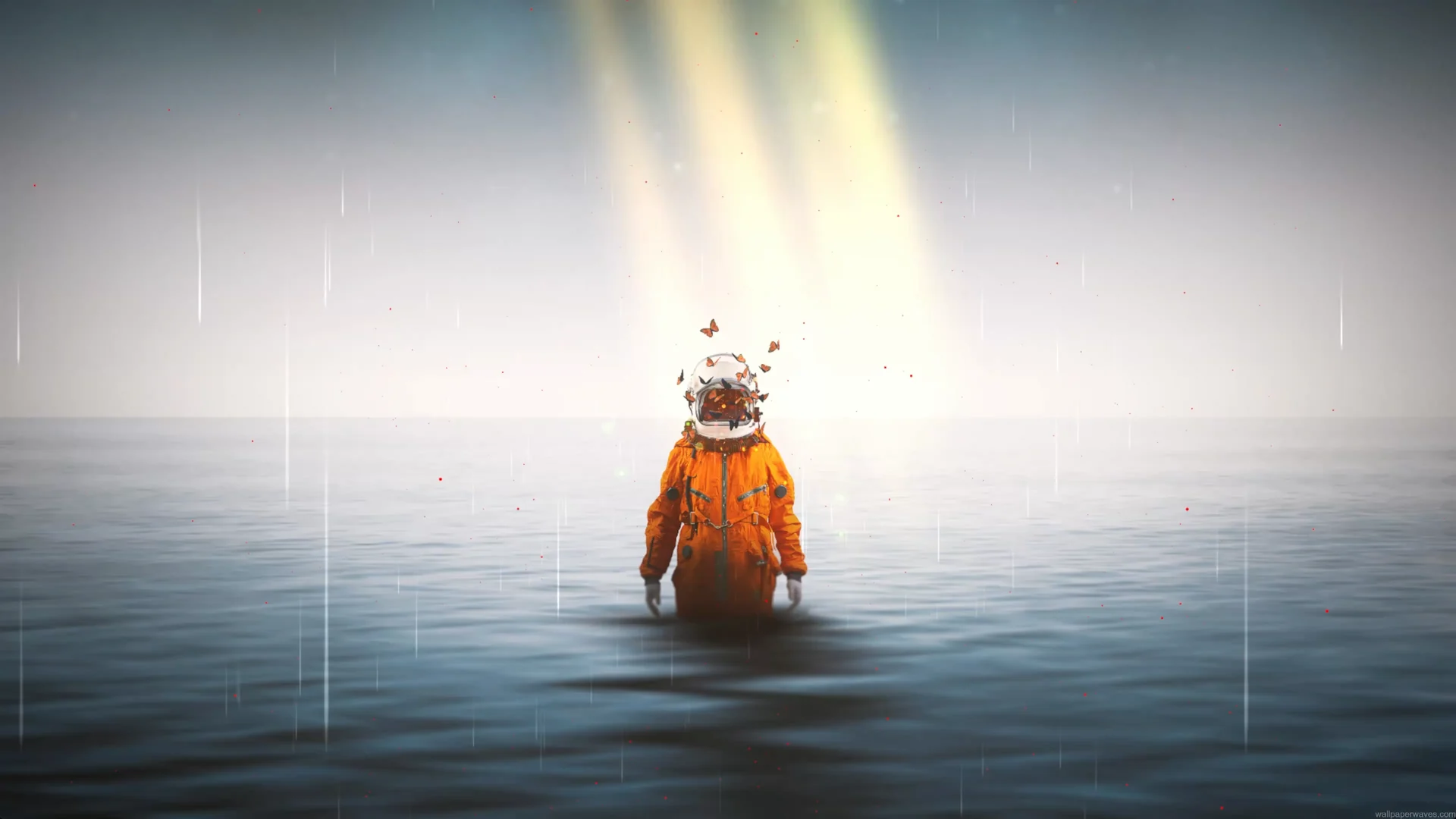 Astronaut standing waist-deep in a calm ocean under soft rainfall, glowing light beams, and butterflies around the helmet in a surreal dreamlike sci-fi live wallpaper