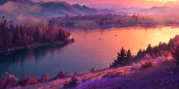 Beautiful sunset landscape with glowing river reflections, purple mountains, and warm vibrant sky in a magical evening scene live wallpaper