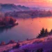 Beautiful sunset landscape with glowing river reflections, purple mountains, and warm vibrant sky in a magical evening scene live wallpaper