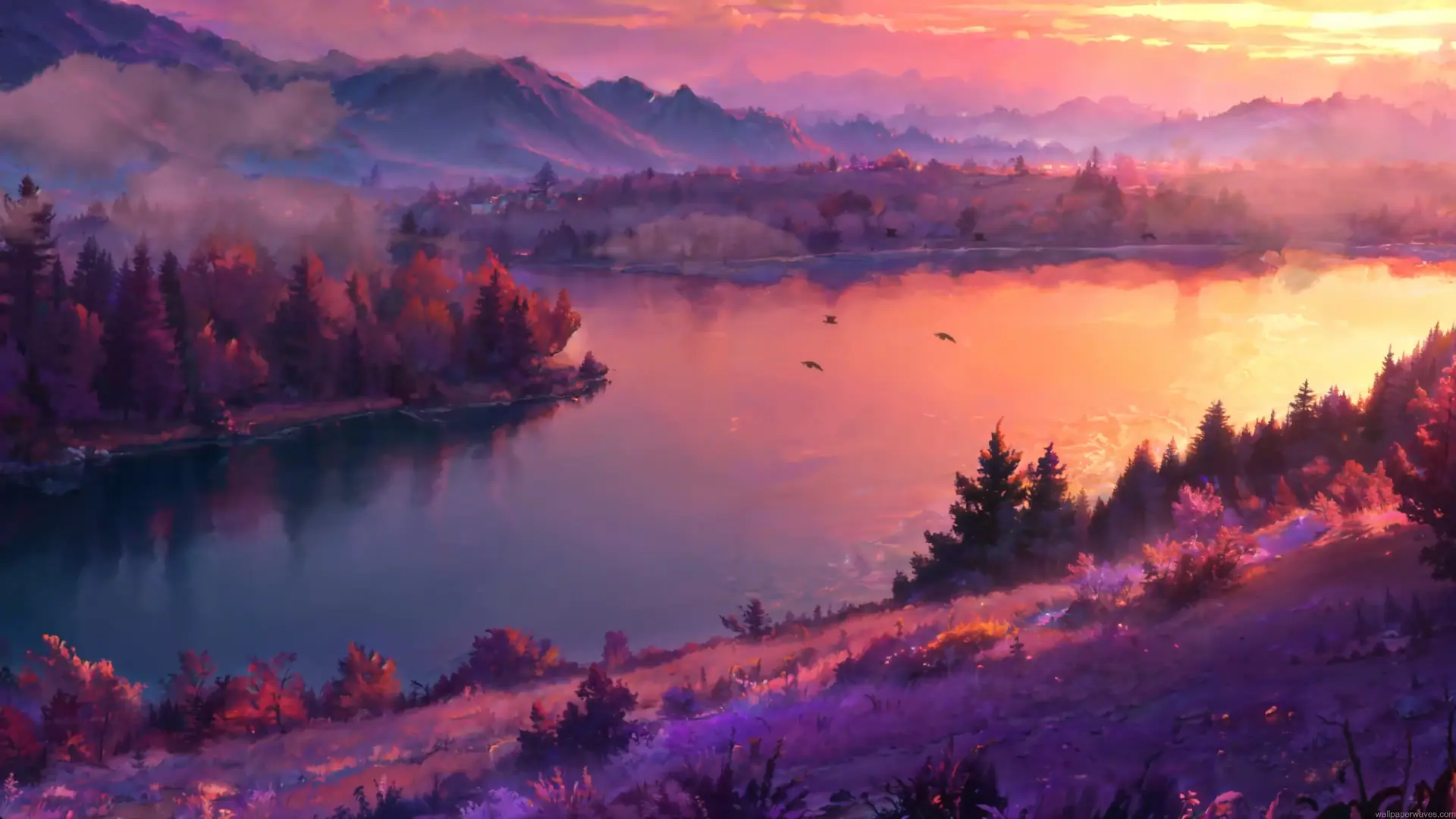 Beautiful sunset landscape with glowing river reflections, purple mountains, and warm vibrant sky in a magical evening scene live wallpaper