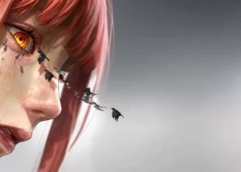 Makima emotional close-up with glowing spiral eye, drifting birds emerging from her lashes, red hair, soft gray background, detailed symbolic anime artwork live wallpaper