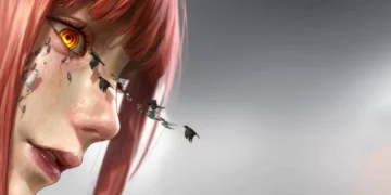 Makima emotional close-up with glowing spiral eye, drifting birds emerging from her lashes, red hair, soft gray background, detailed symbolic anime artwork live wallpaper