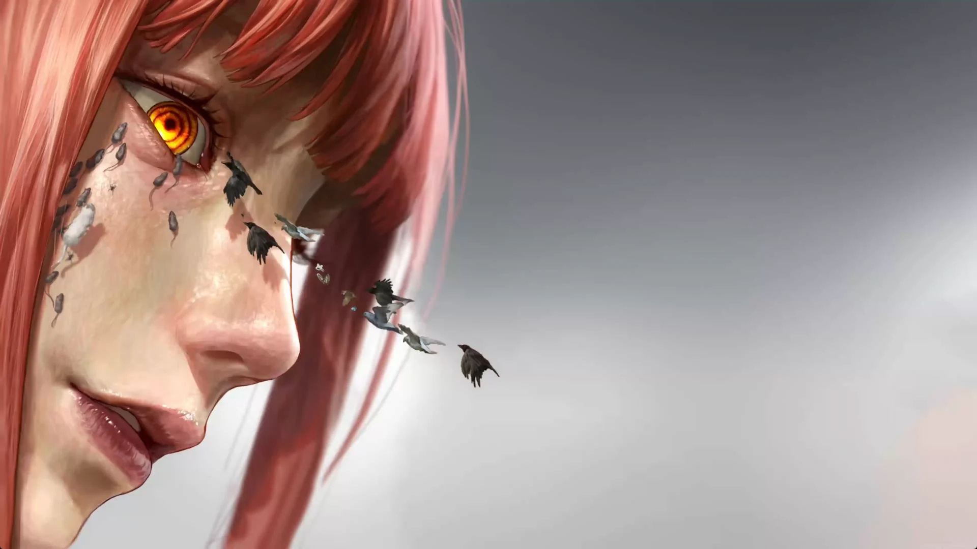 Makima emotional close-up with glowing spiral eye, drifting birds emerging from her lashes, red hair, soft gray background, detailed symbolic anime artwork live wallpaper