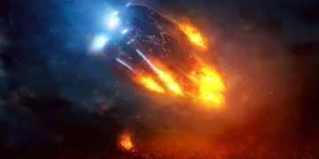 Burning starship crashing through fiery sky with debris falling over an alien landscape, creating a dramatic sci-fi action scene live wallpaper