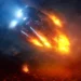 Burning starship crashing through fiery sky with debris falling over an alien landscape, creating a dramatic sci-fi action scene live wallpaper
