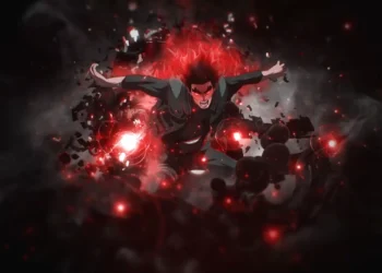 Might Guy Eight Gates Awakening Live Wallpaper 1 Anime character Might Guy surging forward with red energy, glowing eyes, and swirling aura fragments in an explosive transformation scene live wallpaper.