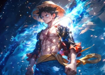 Monkey D. Luffy in Gear 5 form surrounded by glowing blue lightning energy with intense power aura live wallpaper