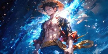Monkey D. Luffy in Gear 5 form surrounded by glowing blue lightning energy with intense power aura live wallpaper
