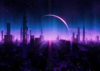 Futuristic neon city skyline glowing in purple and blue tones with a bright curved planet rising above the horizon in a sci-fi atmosphere live wallpaper.