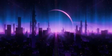 Futuristic neon city skyline glowing in purple and blue tones with a bright curved planet rising above the horizon in a sci-fi atmosphere live wallpaper.