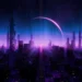 Futuristic neon city skyline glowing in purple and blue tones with a bright curved planet rising above the horizon in a sci-fi atmosphere live wallpaper.