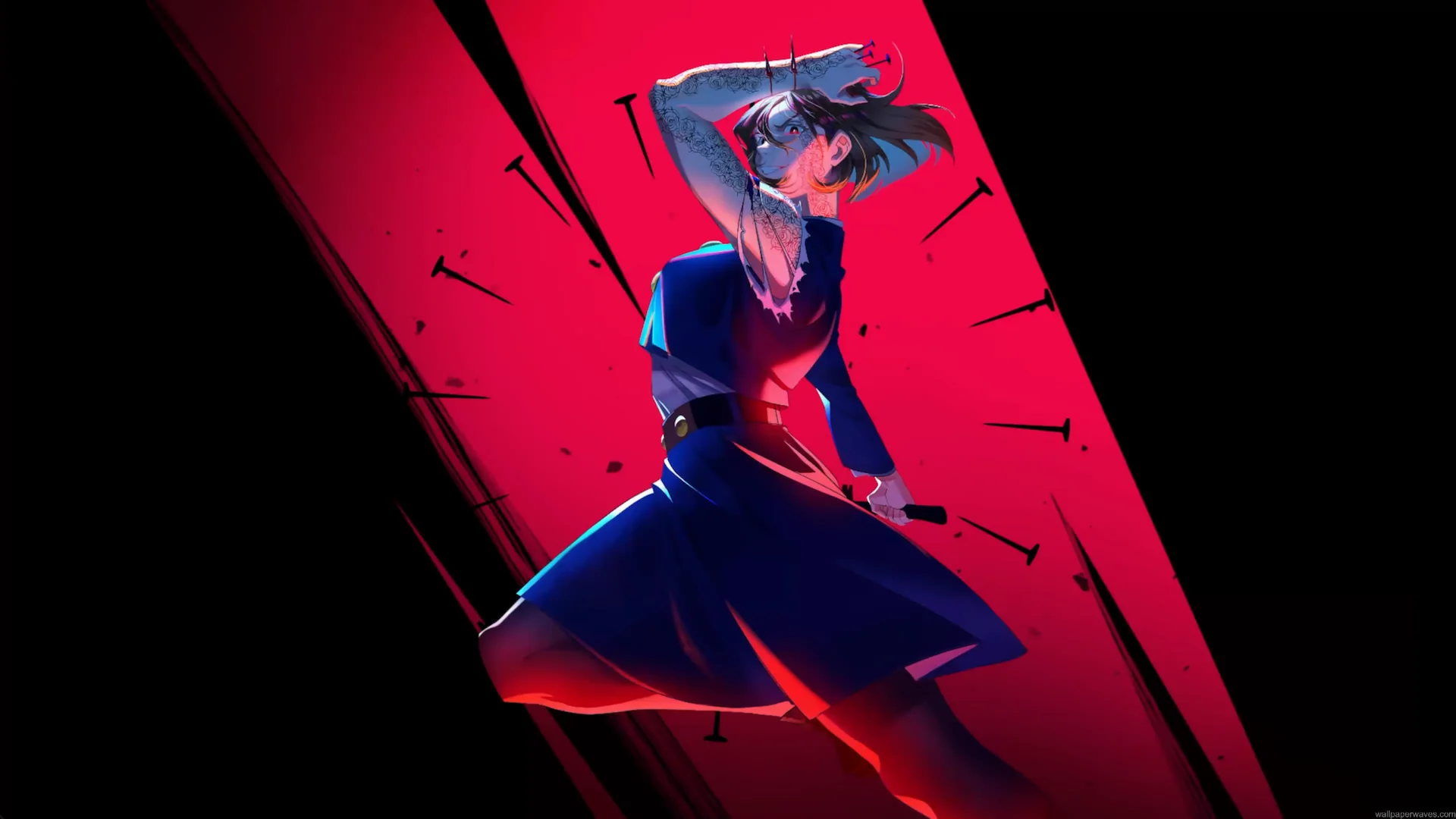 Nobara Kugisaki striking with her hammer as nails burst outward over a red glowing background live wallpaper