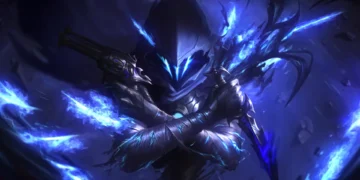 Omen in shadow form from Valorant with glowing blue eyes, swirling dark energy, and spectral blades surrounded by crackling blue power live wallpaper