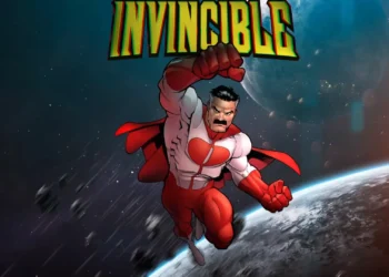 Omni-Man flying through outer space with red cape and glowing light effects live wallpaper
