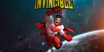 Omni-Man flying through outer space with red cape and glowing light effects live wallpaper
