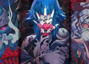 Blue haired warrior wearing a glowing red oni mask surrounded by painted demon beasts and vibrant Japanese folklore artwork live wallpaper
