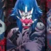 Blue haired warrior wearing a glowing red oni mask surrounded by painted demon beasts and vibrant Japanese folklore artwork live wallpaper
