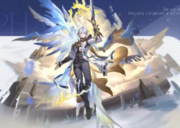 Phainon Honkai Star Rail Live Wallpaper 1 Phainon from Honkai Star Rail floating with glowing angelic wings and shining sword in celestial sky live wallpaper