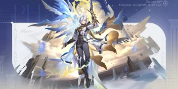 Phainon from Honkai Star Rail floating with glowing angelic wings and shining sword in celestial sky live wallpaper