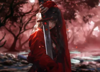 A red-cloaked samurai girl holding a glowing rune-etched sword in a misty crimson forest with falling petals and soft enchanted lighting, fantasy warrior wallpaper