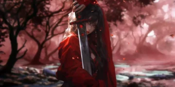 A red-cloaked samurai girl holding a glowing rune-etched sword in a misty crimson forest with falling petals and soft enchanted lighting, fantasy warrior wallpaper