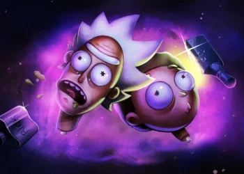 Rick and Morty’s shocked floating heads drifting in a glowing purple cosmic nebula with bottles, debris, and swirling space particles live wallpaper