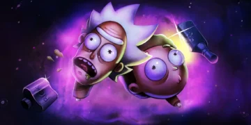 Rick and Morty’s shocked floating heads drifting in a glowing purple cosmic nebula with bottles, debris, and swirling space particles live wallpaper